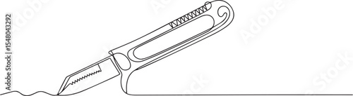 continuous single line drawing of a utility knife with textured handle and retracted blade on white background
