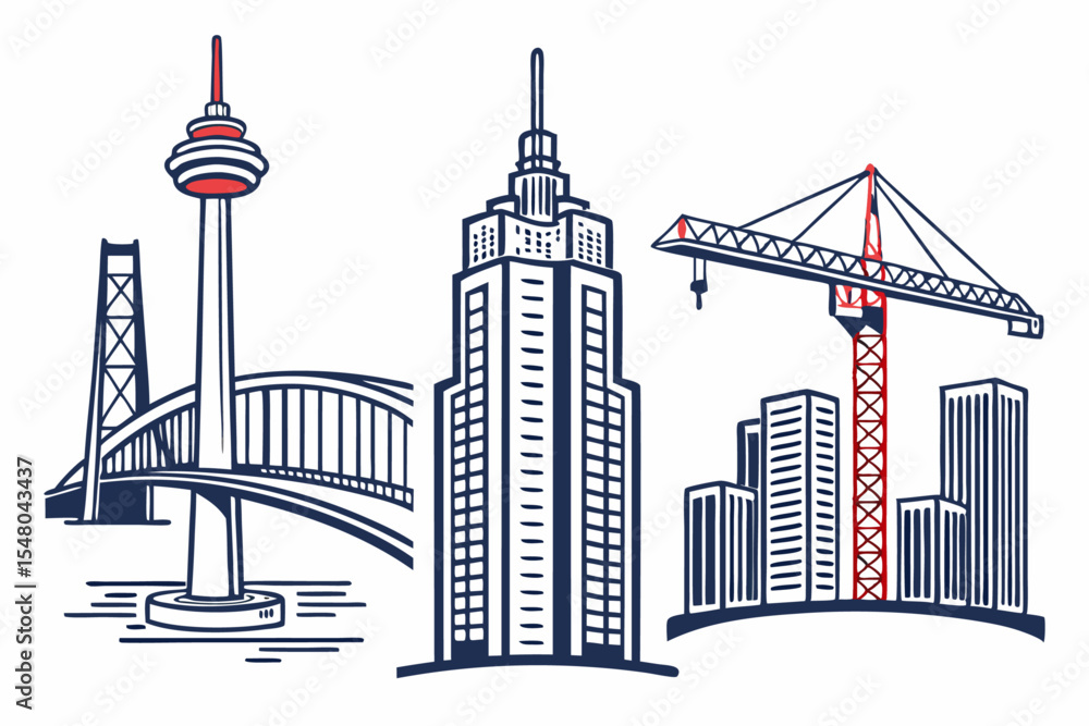 Obraz premium Urban skyline icon set bridges towers and city buildings