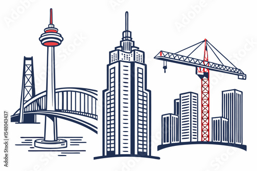 Urban skyline icon set bridges towers and city buildings