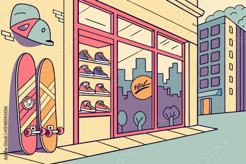 Urban skate shop vector illustration with boards and gear