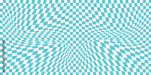 Abstract wavy psychedelic checkerboard background with  sky colors. Trippy design with distortion grid effect. Twisted wavy and groovy geometrical chessboard.