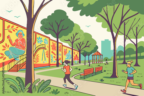 City park mural joggers vibrant vector illustration