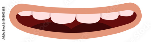 Cartoon mouth displaying bright white teeth and pink gums, widely smiling and radiating happiness, isolated against a clean white background for a cheerful and joyful vibe