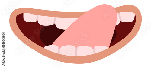Cartoon mouth wide open, displaying a playful tongue and bright teeth, licking lips in anticipation. Isolated illustration on a clean white background, capturing a cheerful expression