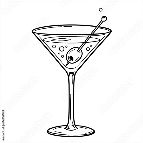 Elegant line art of a martini cocktail with olive garnish on white background