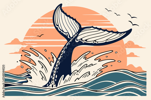 Whale tail breaching ocean waves vibrant vector design
