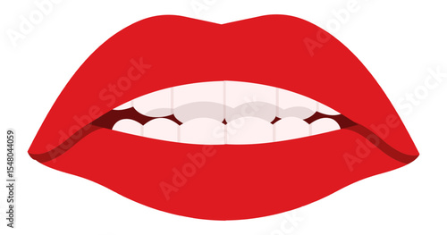 Red lips slightly open showing teeth biting lower lip, in a close up front view, isolated on white background, representing sensuality, beauty, and desire