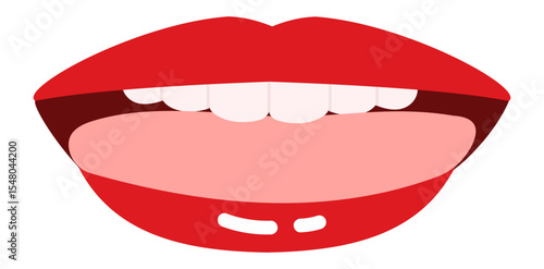 Cartoon illustration featuring red lips slightly parted, revealing a playful tongue and teeth, conveying a humorous emotion against a clean white background