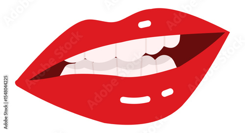Cartoon drawing of red lips slightly open biting lower lip, showing white teeth, isolated on white background, representing sensuality, flirtation, or desire