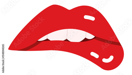 Cartoon illustration of red lips biting lower lip with white teeth on white background, representing concepts such as seduction, sensuality, desire, and beauty
