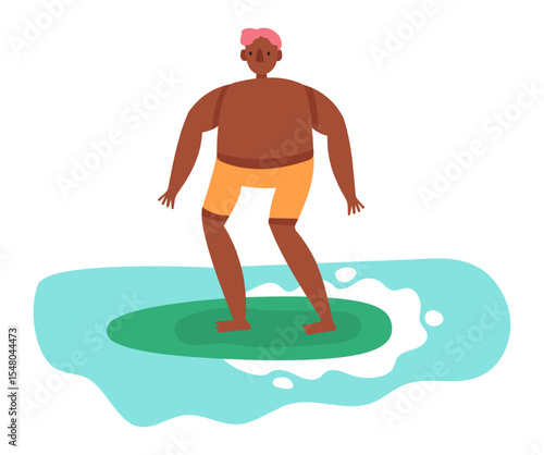 Young dark skinned man with pink hair surfing on a surfboard in the ocean, enjoying a summer vacation, promoting water sports and healthy lifestyle