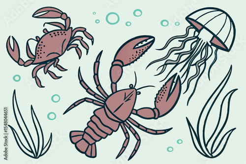 Nautical marine life illustration crabs lobsters and more