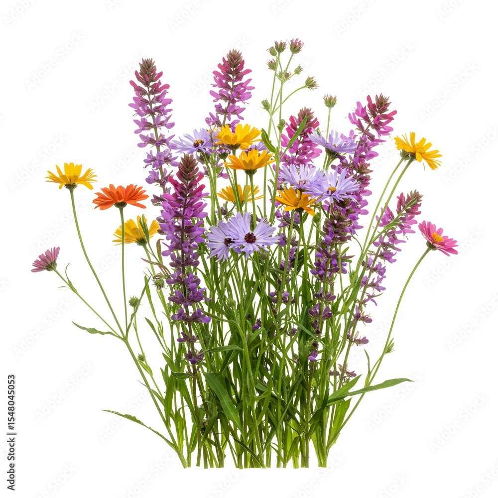 Naklejka premium Vibrant Flora: A collection of diverse wildflowers and delicate greens create a stunning visual of freshness and natural elegance, showcasing a palette of soft and vivid colors.