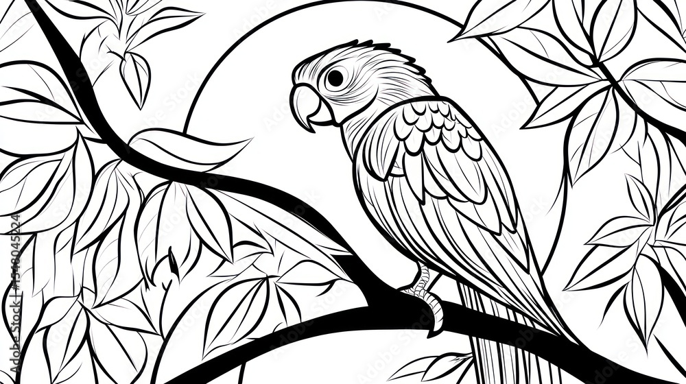 Obraz premium Parrot on Branch, Jungle Scene (1)