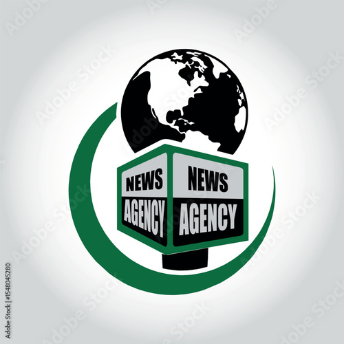 News Agency Logo, Live reportage conceptual logo, vector illustration created with microphones equipment, black and green color on light gray ingradient background