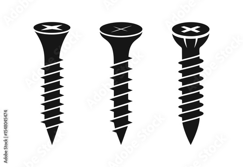 Three black wood screws icon set illustration