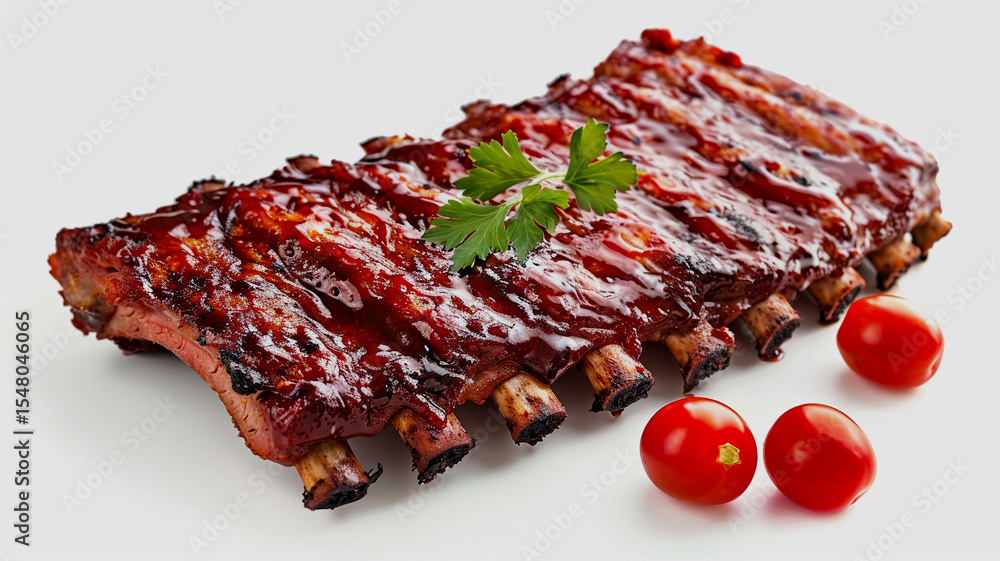 Obraz premium Delicious rack of barbecue ribs with cherry tomatoes and fresh parsley garnish