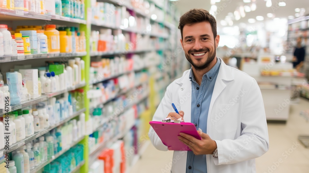 Pharmacist assists customers in a health store while taking notes during a busy afternoon Pharmacist assists customers in a health store while taking notes during a busy afternoon