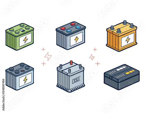 Isometric Illustrations of Various Battery Types Car, Truck, and More 88.eps
