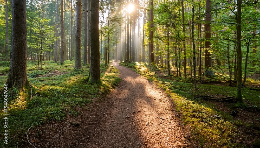 Obraz premium sunlight streams through trees onto a peaceful forest path