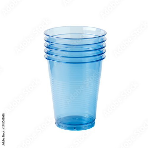 Stack of four translucent light blue plastic cups on transparent background. Clean and simple studio shot