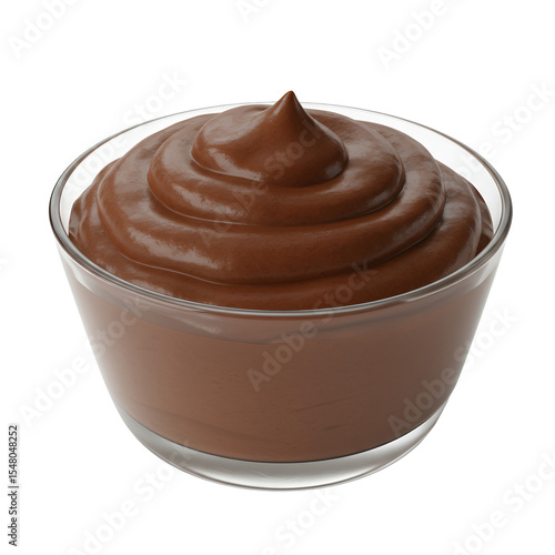 Rich, creamy chocolate pudding in a clear glass bowl. Smooth texture, swirls, and deep brown color are visible. The pudding is the central focus