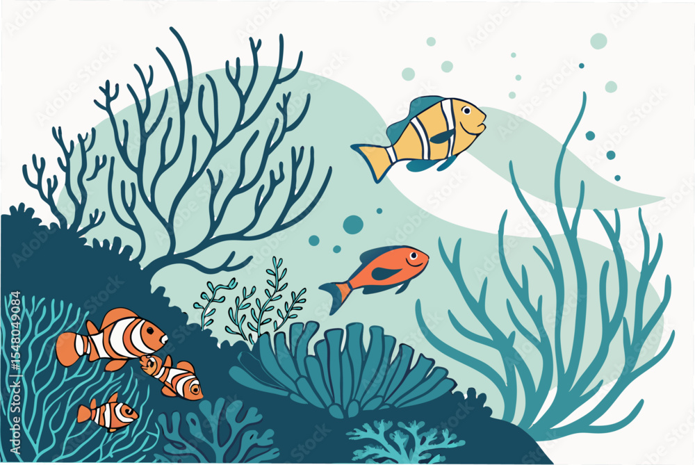 Naklejka premium vector-of-a-watercolor-coral-reef-with-fish-and-se