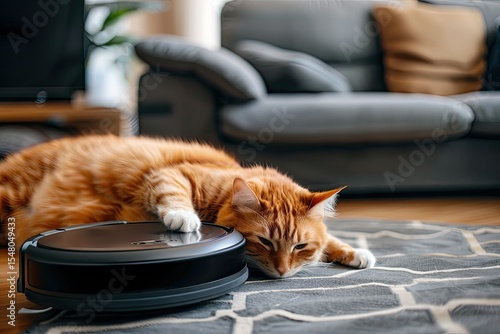 high quality image of Robotic vacuum cleaning room while cat relaxes on sofa