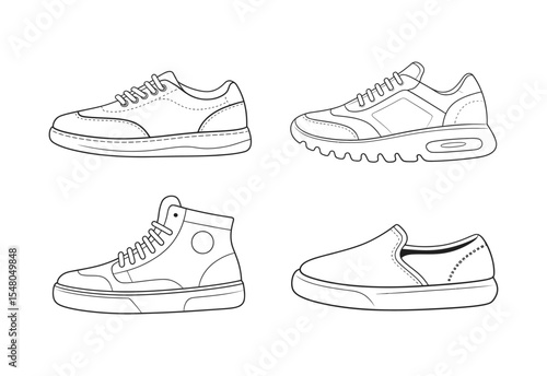 Four different styles of casual sneakers line art