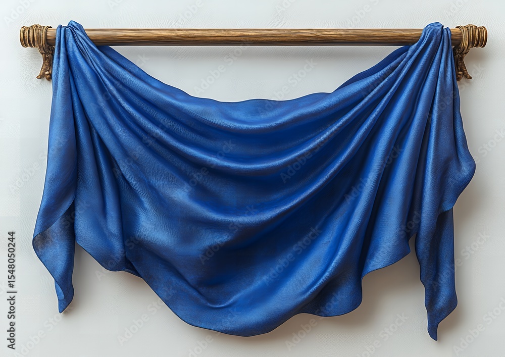 Elegant Draped Royal Blue Fabric on Wooden Rod Perfect for Backgrounds and Designs Elegant Draped Royal Blue Fabric on Wooden Rod Perfect for Backgrounds and Designs
