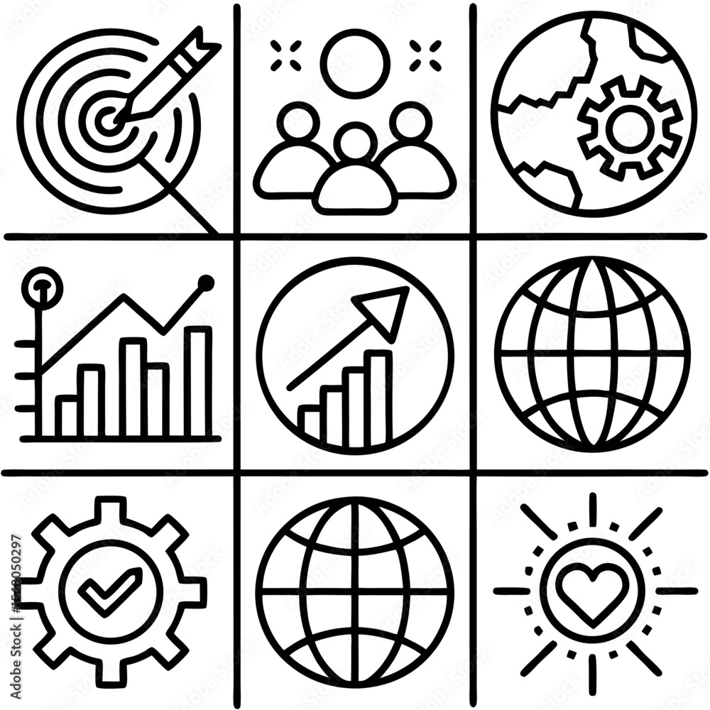 Global business strategy icons set isolated on white background Global business strategy icons set isolated on white background