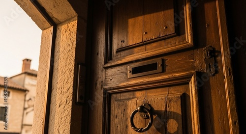 Rustic Wooden Door with Iron Hardware and Textured Stone Frame in Golden Light.