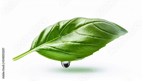 unmarried falling basil leaf with water drops remoted on white heritage