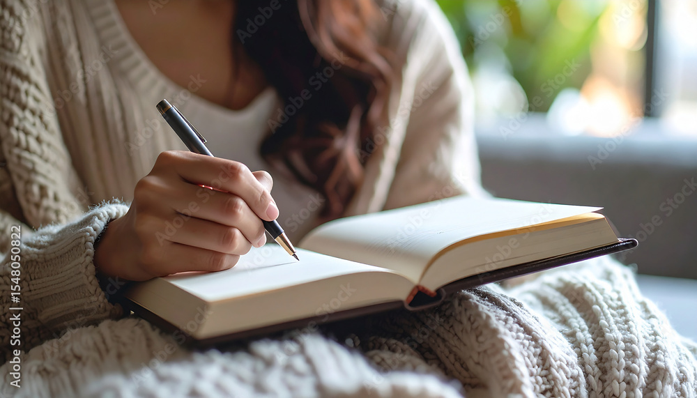 Serene Journaling Moment: A person sits comfortably, absorbed in the act of journaling, the pen gliding across the open pages of a notebook. the natural light enhances the intimate scene. Serene Journaling Moment: A person sits comfortably, absorbed in the act of journaling, the pen gliding across the open pages of a notebook. the natural light enhances the intimate scene.