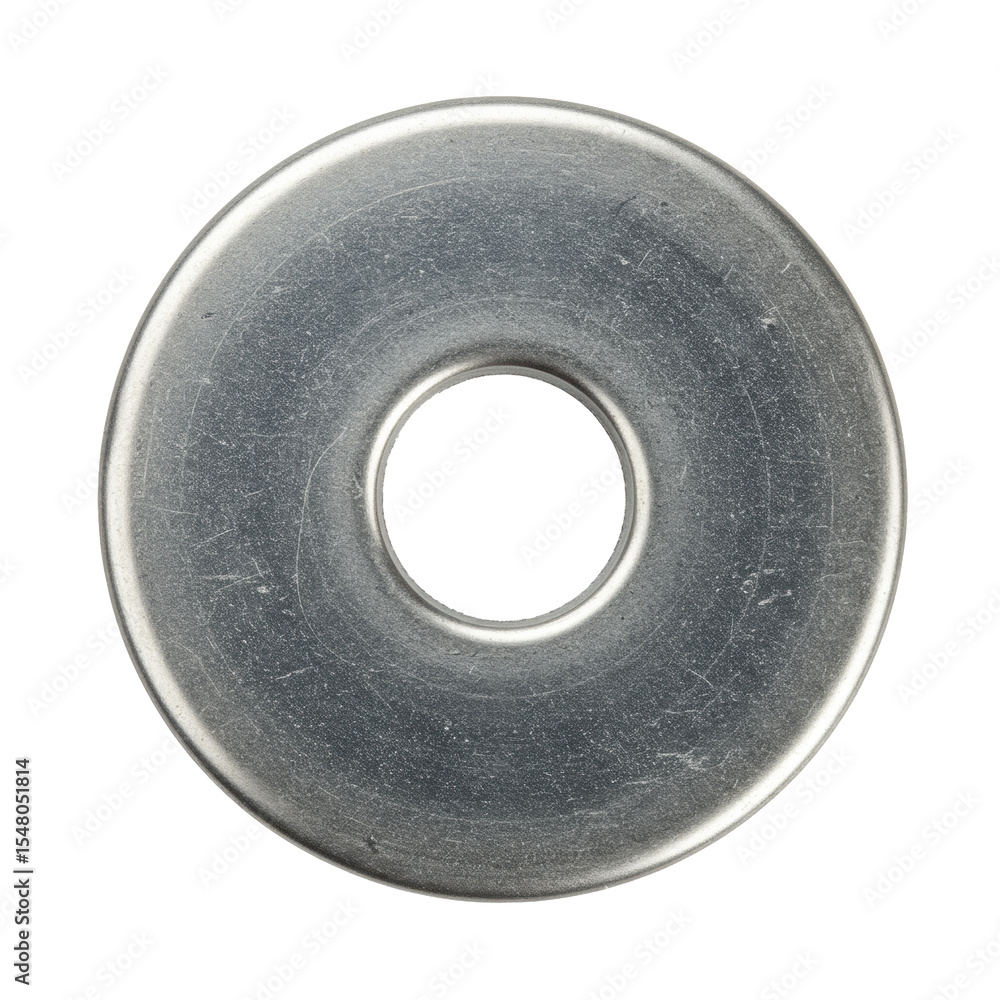 A single, perfectly round, silver-colored metallic flat washer with a smooth, unblemished surface and a precise bore, isolated on a seamless transparent background with even studio lighting, concept A single, perfectly round, silver-colored metallic flat washer with a smooth, unblemished surface and a precise bore, isolated on a seamless transparent background with even studio lighting, concept