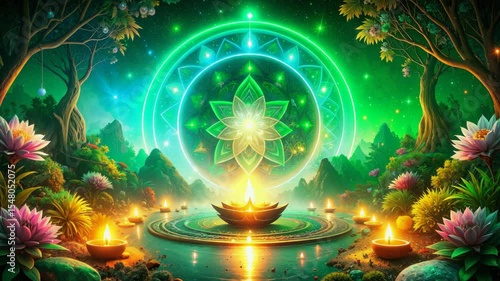 Festival of lights, is celebrated with a glowing mandala, diyas, and vibrant lotus flowers.