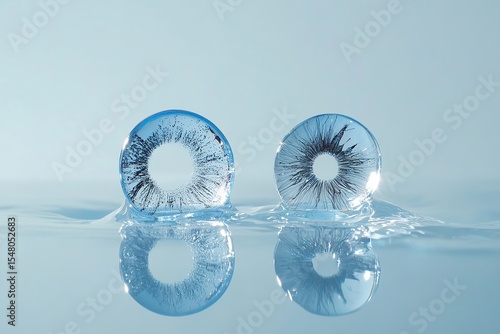 Close-up of two contact lenses on a light blue background, with one lens showing the design and pattern