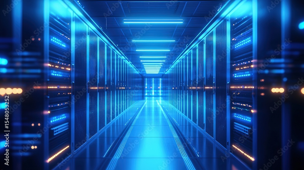 Fototapeta premium Futuristic server room interior with vibrant blue LED lighting and glowing racks on both sides of a polished reflective corridor in a modern data center environment