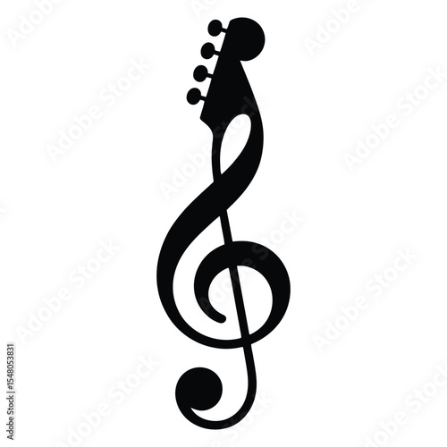Black Treble Clef Music Note Symbol with Guitar Headstock Design Element musical symbol