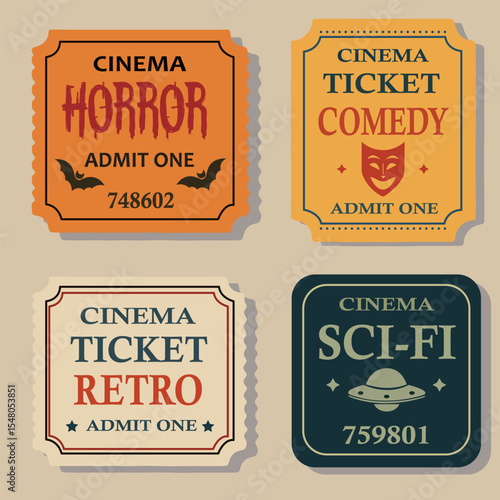 Flat vector illustration of four retro-style cinema tickets, each themed for a specific movie genre: horror, comedy, retro, and sci-fi. 