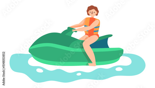 Young woman riding a personal watercraft, enjoying her summer vacation, engaging in recreational activities on the sea, promoting active lifestyle and tourism