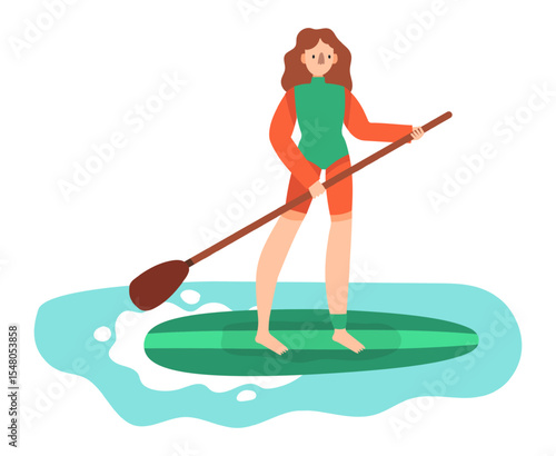 Young woman paddling on a stand up paddle board surfing in the sea, enjoying summer vacation on the beach, water activities and sports concept