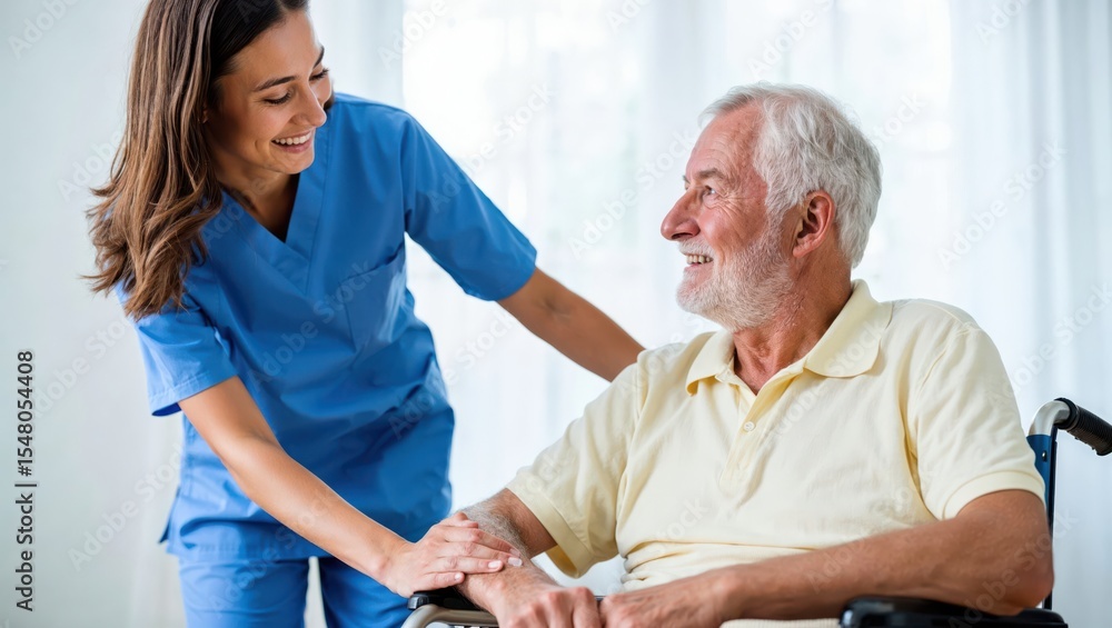 Obraz premium Compassionate nurse assisting elderly man in wheelchair with care and warmth.
