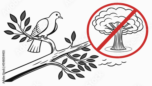 Bird sitting on a branch with anti-nuclear symbol illustration  