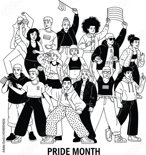 pride month diverse crowd illustration, people posing confidently with lgbtq+ flags and ribbons, celebrating individuality and collective spirit