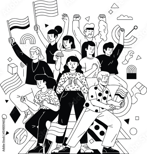 pride month diverse group illustration with abstract shapes, people holding lgbtq+ flags and raising fists, symbolizing unity and empowerment