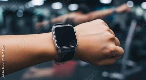 Silver Smartwatch on Wrist in Gym Setting with Blurred Background.