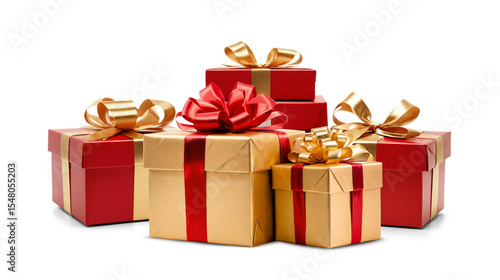 christmas presents as gift boxes in red and golden color, shiny glossy, isolated on white