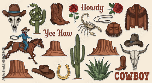 Wild West Cowboy Collection Hand-Drawn Vector Illustrations of Iconic Western Symbols