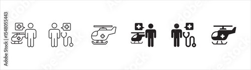 Ambulance icons collection. Helicopter and car ambulance icon set. Icon symbol compatible for first aid, medical help, clinic, medic, emergency help. Vector illustration